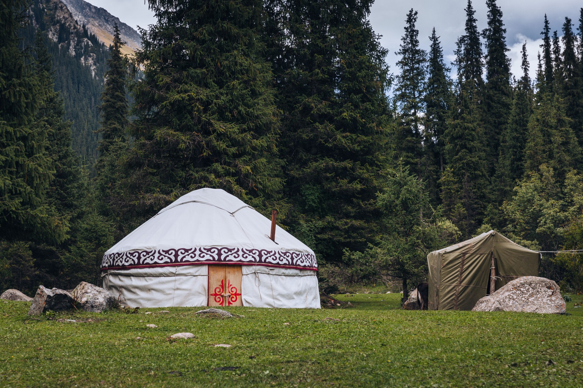 Yurt in Jeti Oguz Valley. National old house of the people of Kyrgyzstan and Asian countries. Yurts on the background of green meadows and highlands. Yurt camp for tourists.